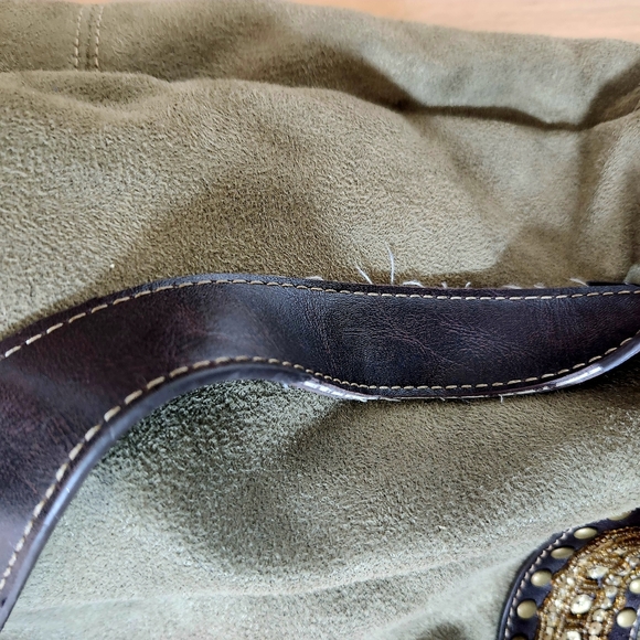 Franco Sarto Green and Brown Shoulder Bag with Gold Accent Vintage Boho Design - Picture 7 of 13